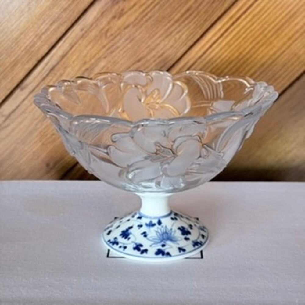 Vintage Soga Glass Pedestal Bowl Blue White Porcelain Base Floral Compote Japan